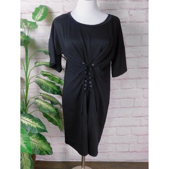 Potters Pot Lace-Up Midi Dress Sz Large Short Sleeve Black - Picture 1 of 9